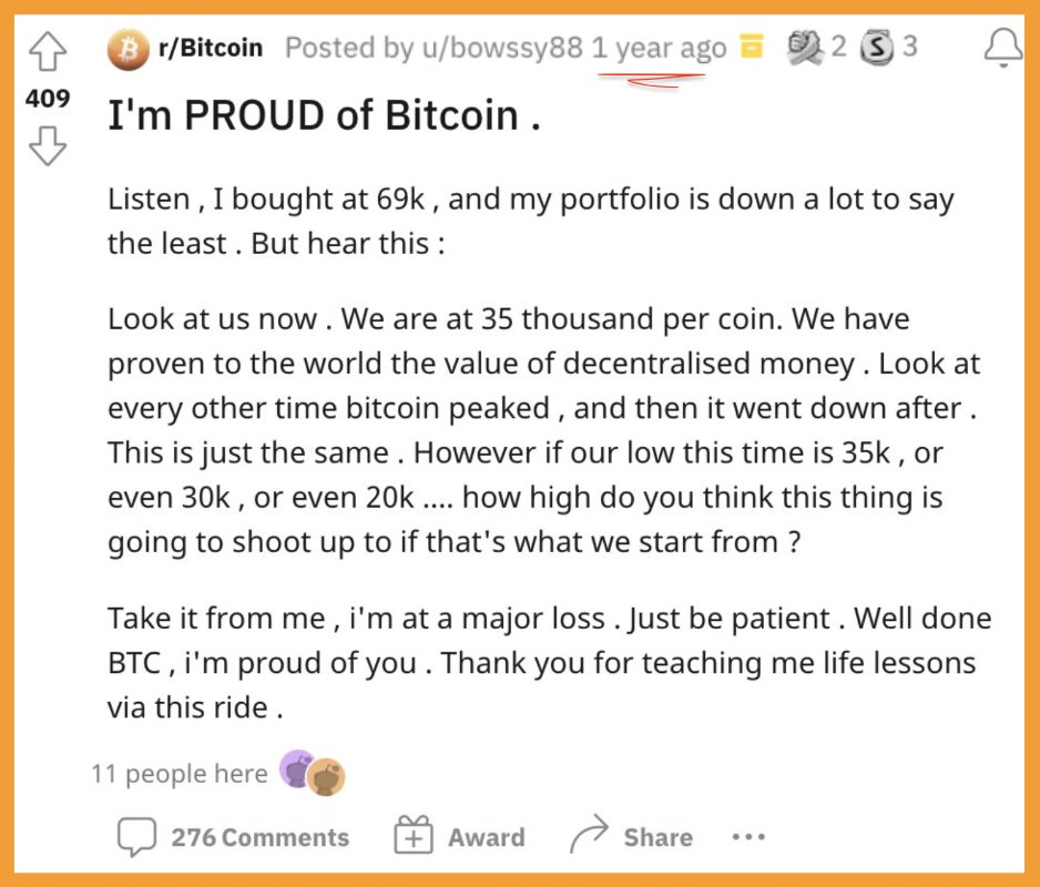 ✨ Timeless #Bitcoin advice from an anonymous HODLer, posted exactly 1 year ago.