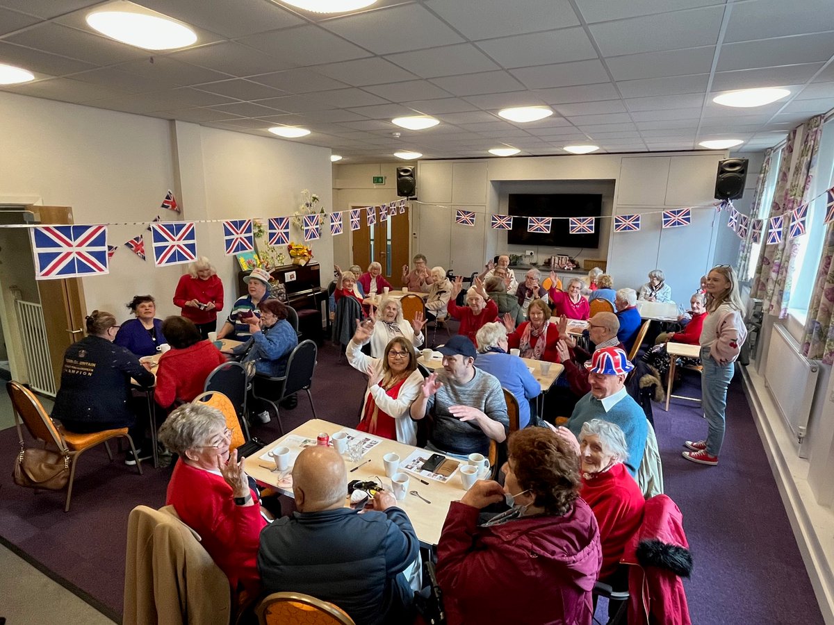 OPALLeeds16's tweet photo. We had an excellent week celebrating the King's Coronation at OPAL. We had so many members come to our Friday Coronation Lunch Club that we had to set up a large overflow table in our other room! We had over 50 members attend our celebrations on Friday, it was a great day! https://t.co/52976wWqQk