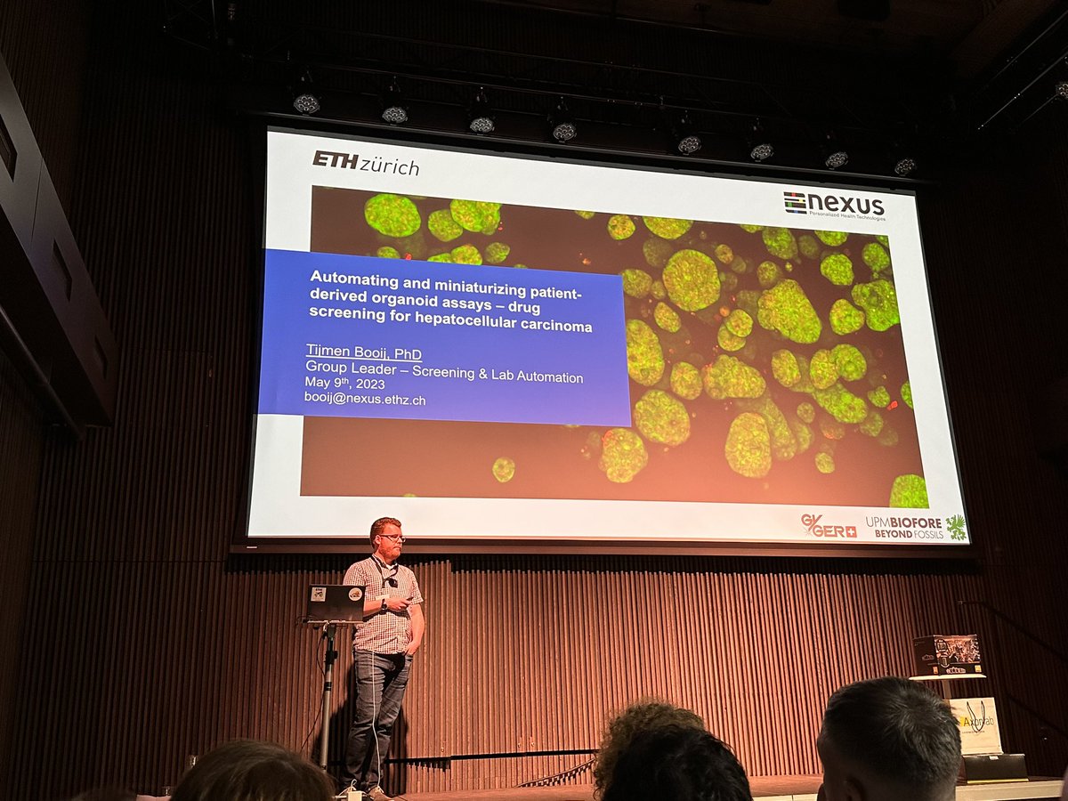 BaCell3D's tweet photo. Tijmen Booij from Nexus Personalized Health Technologies @ETH talks about lab automation for screening organoids and using #GrowDex to replace matrigel https://t.co/T0uXlgcEt7