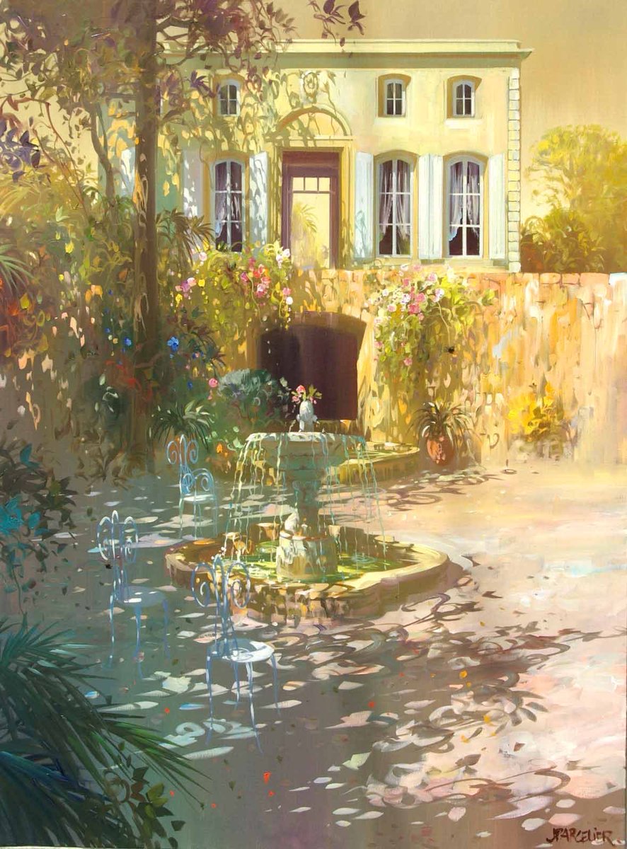 Laurent Parcelier 
French painter from Auvergne 
His contemporary Impressionistic paintings are swathed in shadows and light 
This is so sunny and uplifting, serene and beautiful