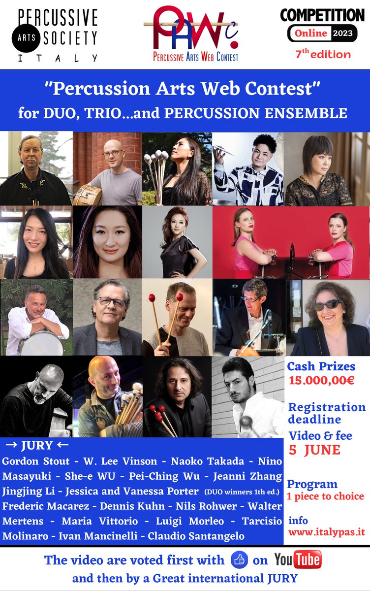 “PAWC” online competition for DUO, TRIO…. and PERCUSSION ENSEMBLE.
Registration deadline, sending video, fee and photo: 5 June
Online registration: italypas.it/project/pawcmo…
Rules : italypas.it