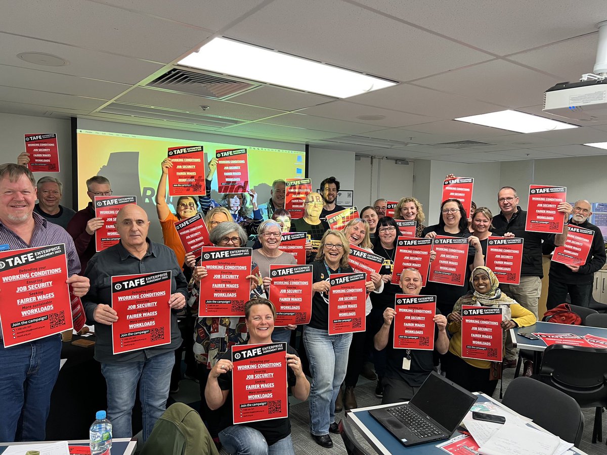 rlong62's tweet photo. Years of all our hard work by @TeachersFed TAFE activists has started the process to #rebuildTAFE 
The next step to stop dodgy private for profit training providers ripping off students &amp; tax payers. 
300,000 TAFE -not VET fee free student places and $3bill budget. https://t.co/HN1U0knqnV