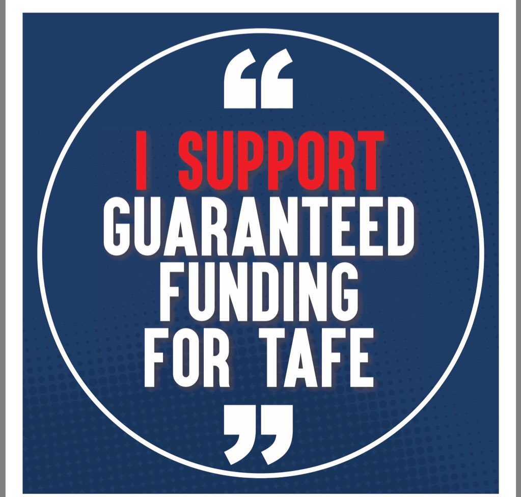rlong62's tweet photo. Years of all our hard work by @TeachersFed TAFE activists has started the process to #rebuildTAFE 
The next step to stop dodgy private for profit training providers ripping off students &amp; tax payers. 
300,000 TAFE -not VET fee free student places and $3bill budget. https://t.co/HN1U0knqnV
