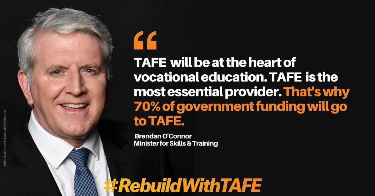 rlong62's tweet photo. Years of all our hard work by @TeachersFed TAFE activists has started the process to #rebuildTAFE 
The next step to stop dodgy private for profit training providers ripping off students &amp; tax payers. 
300,000 TAFE -not VET fee free student places and $3bill budget. https://t.co/HN1U0knqnV