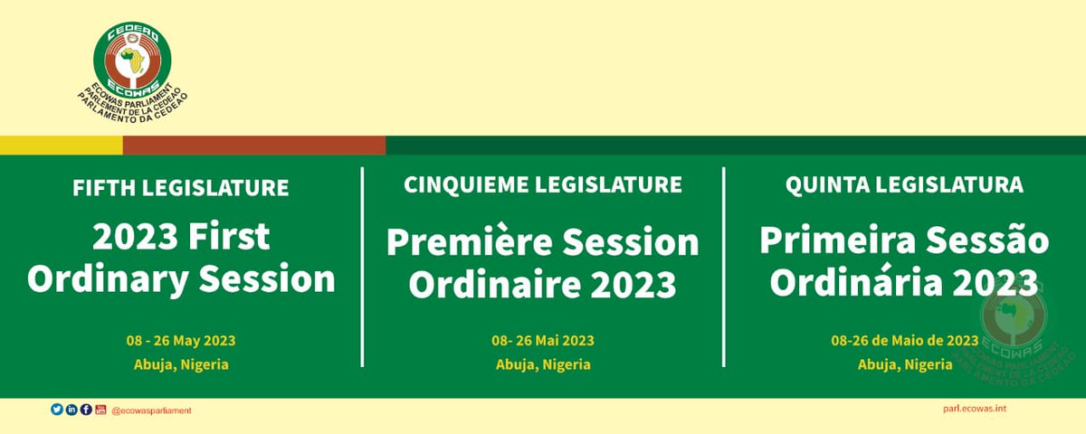 ECOWASParliamnt's tweet photo. Join us for the first ordinary session of the 5th Legislature, taking place from May 8th to May 26th, 2023 in Abuja, Federal Republic of Nigeria.Stay tuned for updates on our Facebook, Instagram, LinkedIn, and Twitter pages! #5thLegislature #Abuja #Nigeria #OrdinarySession #2023 https://t.co/nKTYkwWb1E