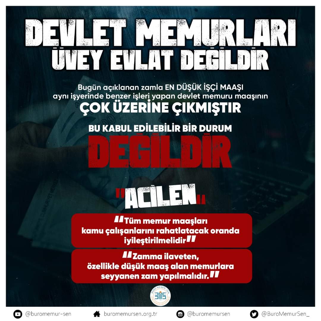 ACİLEN!
Tüm memur maaşları kamu görevlilerinin insanca yaşayabileceği bir seviyeye getirilmelidir. Yapılacak zamma ilaveten düşük maaş alan memurlara seyyanen zam yapılmalıdır
#İşçiyeVarMemuraYok
#memurlar