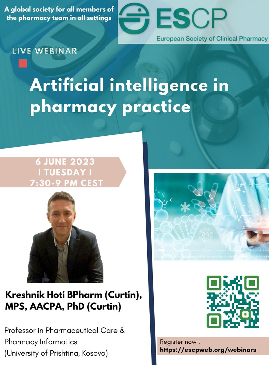 ESCPNews's tweet photo. *Great opportunity for professional development*
Will cover - artificial intelligence, machine learning, digital health, healthcare
FREE for members, €25 for non-members
Scan QR code to register.
#pharmacy #pharmacists #clinicalpharmacy #pharmaceuticalcare 
@ProfDerekS https://t.co/RHd71pTsdQ