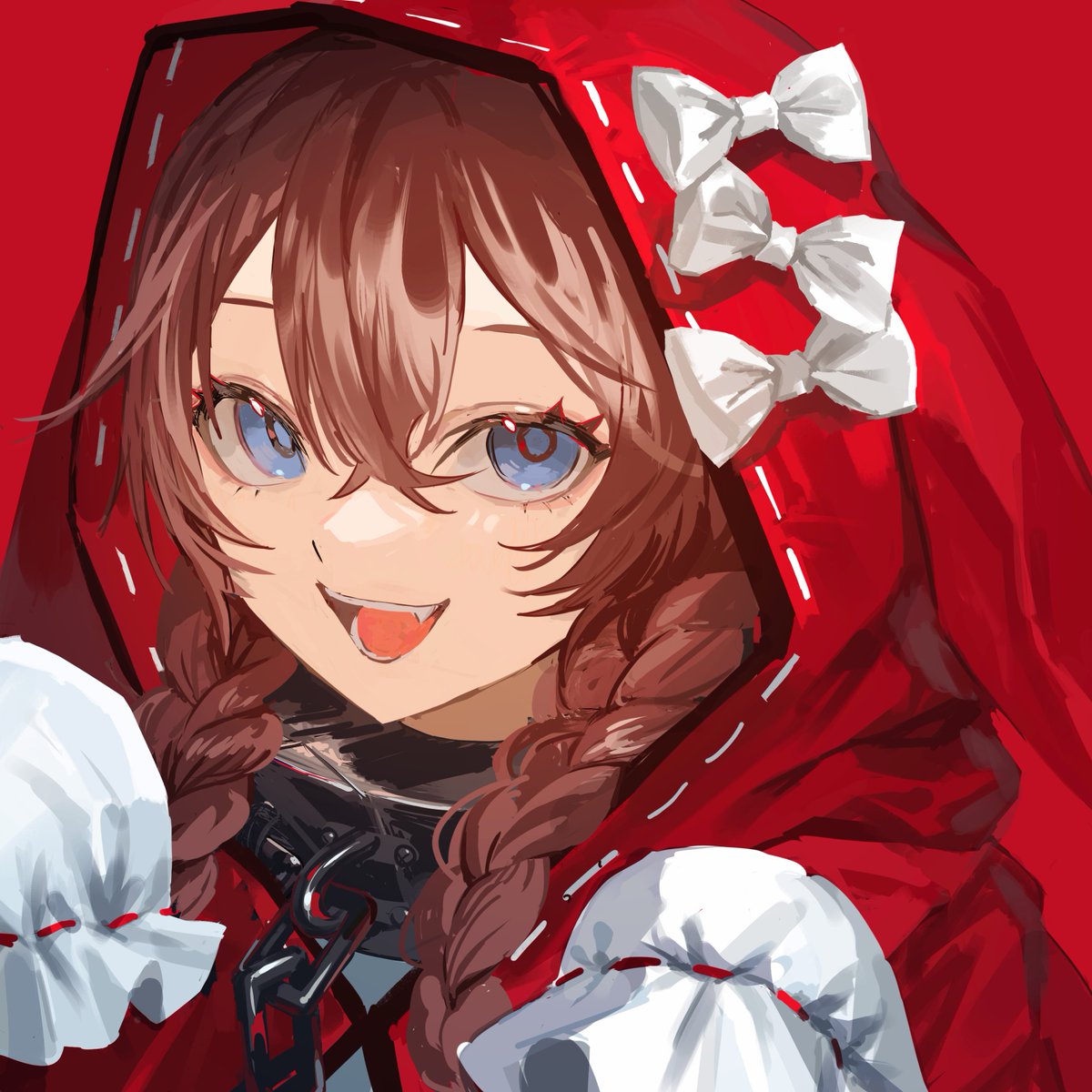 1girl solo hood blue eyes brown hair red background hood up  illustration images