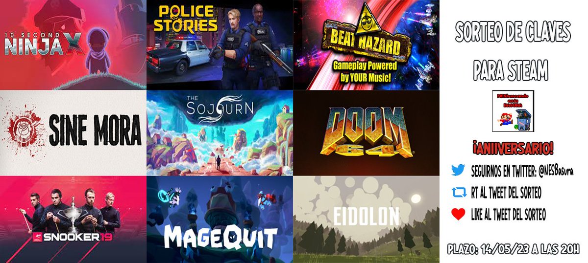 🚨 ATENCIÓN MEGA #SORTEO🚨

¡Sorteamos un huevo 🥚 de keys de Steam para celebrar nuestro primer año! 

Entre ellas: 
🔸10 Second Ninja X
🔹Police Stories
🔸Beat Hazard
🔹Sine Mora
🔸The Soujourn
🔹Doom 64
🔸Snooker 19
🔹MageQuit
🔸Eidolon

Condiciones 👇