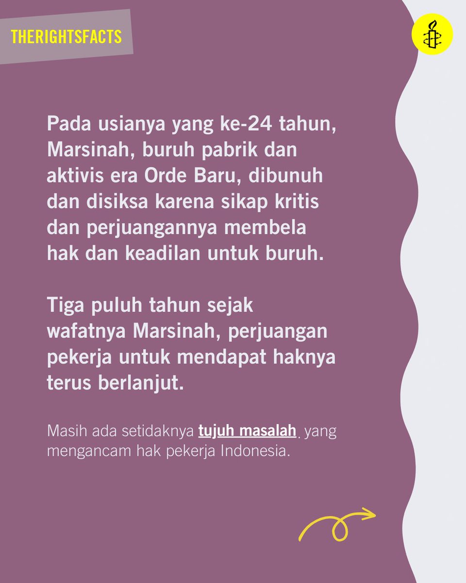 amnestyindo's tweet photo. 8 Mei 2023 lalu adalah tepat 30 tahun wafatnya Marsinah, aktivis buruh sekaligus pembela HAM.
Hingga hari ini, masih ada setidaknya 7 masalah yang dihadapi pekerja Indonesia.
#TheRightsFacts #Marsinah #HariBuruh https://t.co/n0fDAGm1xn