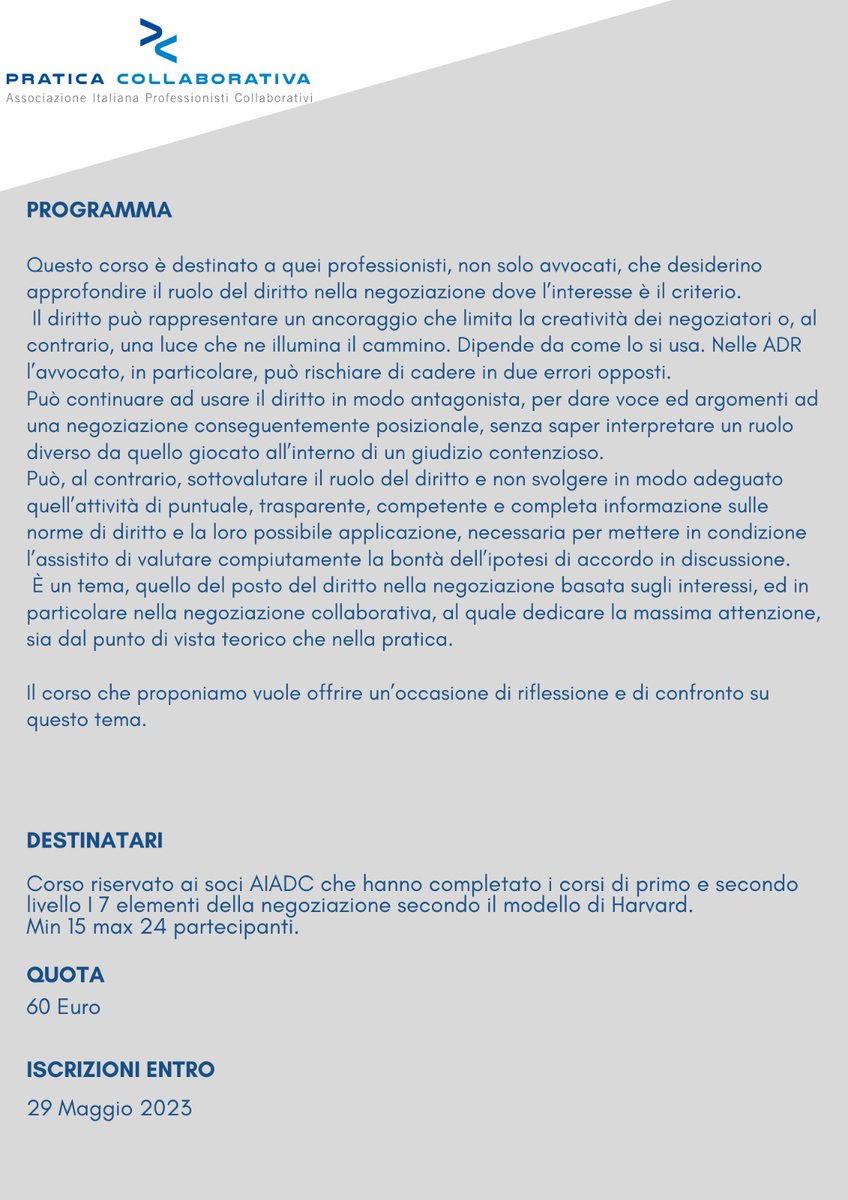 📌 31 maggio
📌 8 giugno
Dalle 17,00 alle 20,00 su piattaforma #zoom: "Negoziare alla luce del #diritto".
Con <a href="/CarlaMarcucci17/">Carla Marcucci</a> ed Elisabetta Valentini.
La #negoziazione secondo il modello di #Harvard.
Informazioni e iscrizioni su 👉🏼 praticacollaborativa.it/prodotto/la-fo…
#aiadc #formazione