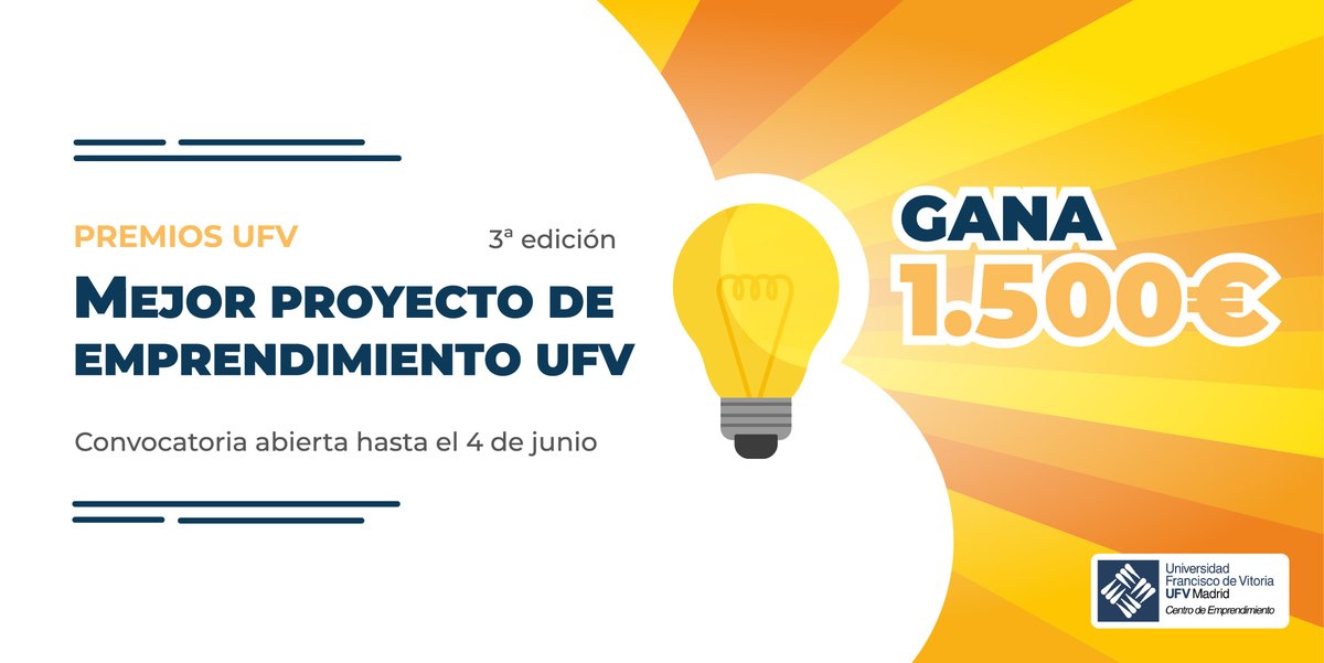 Este mes vamos como un 🚀 con los premios!.
☑️Si tienes un proyecto #emprendedor 
☑️Eres  alumno <a href="/ufvmadrid/">Universidad Francisco de Vitoria</a> 
☑️ <a href="/AlumniUFV/">Alumni UFV</a> #profesor o PAS
Puedes optar a:
🏆 1.500€ en cada categoría (alumno/ alumni, PAS y Profesores). 
¿Te inscribes? bit.ly/42pdOby