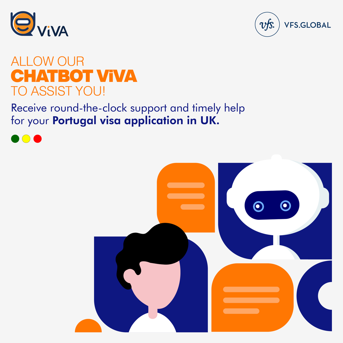 VFSGlobal's tweet photo. From appointment scheduling to status tracking and updates, our chatbot ViVA is here to assist you with all your visa application queries. Our customers in the UK can now also enjoy round-the-clock support with their Portugal visa applications! To know more, visit: https://t.co/qPXUA0rRxG