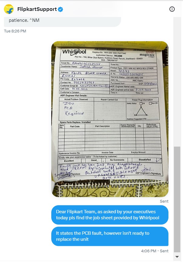 neetish2010's tweet photo. No resolution till now from @Flipkart @flipkartsupport and @whirlpool_india 
Harassment of customer at its peak. 
No refund/replacement of defective product delivered by @Flipkart 
It was a mistake to purchase from @Flipkart 
#flipkartscam #BoycottWhirlpool #Boycottflipkart https://t.co/HMAxkfLGGi