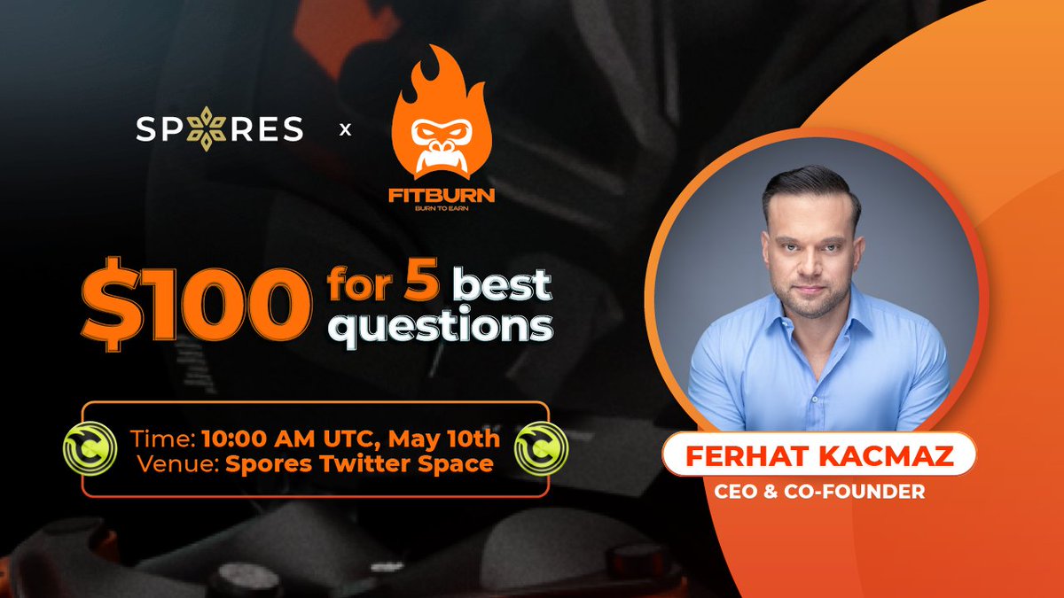 Spores_Network's tweet photo. 📣 SPORES x FITBURN AMA 📣
Join us for the #SporesLaunchpad x @Fitburn_ai  #AMA with Mr. Ferhat Kacmaz - CEO at #FitBurn, to discuss their upcoming #IDO! 
⏰ Time: 10:00 AM UTC, May 10th 
🎯 Venue (Spores Twitter Space):  https://t.co/PnjV3AQktc
🎁 Rewards: 5 best questions will receive $100 USD  
#FitBurnIDO #AskFitBurn #SporesLaunchpad #CryptoAMA
Don't miss your chance to ask questions and win rewards up to $100! 🚀