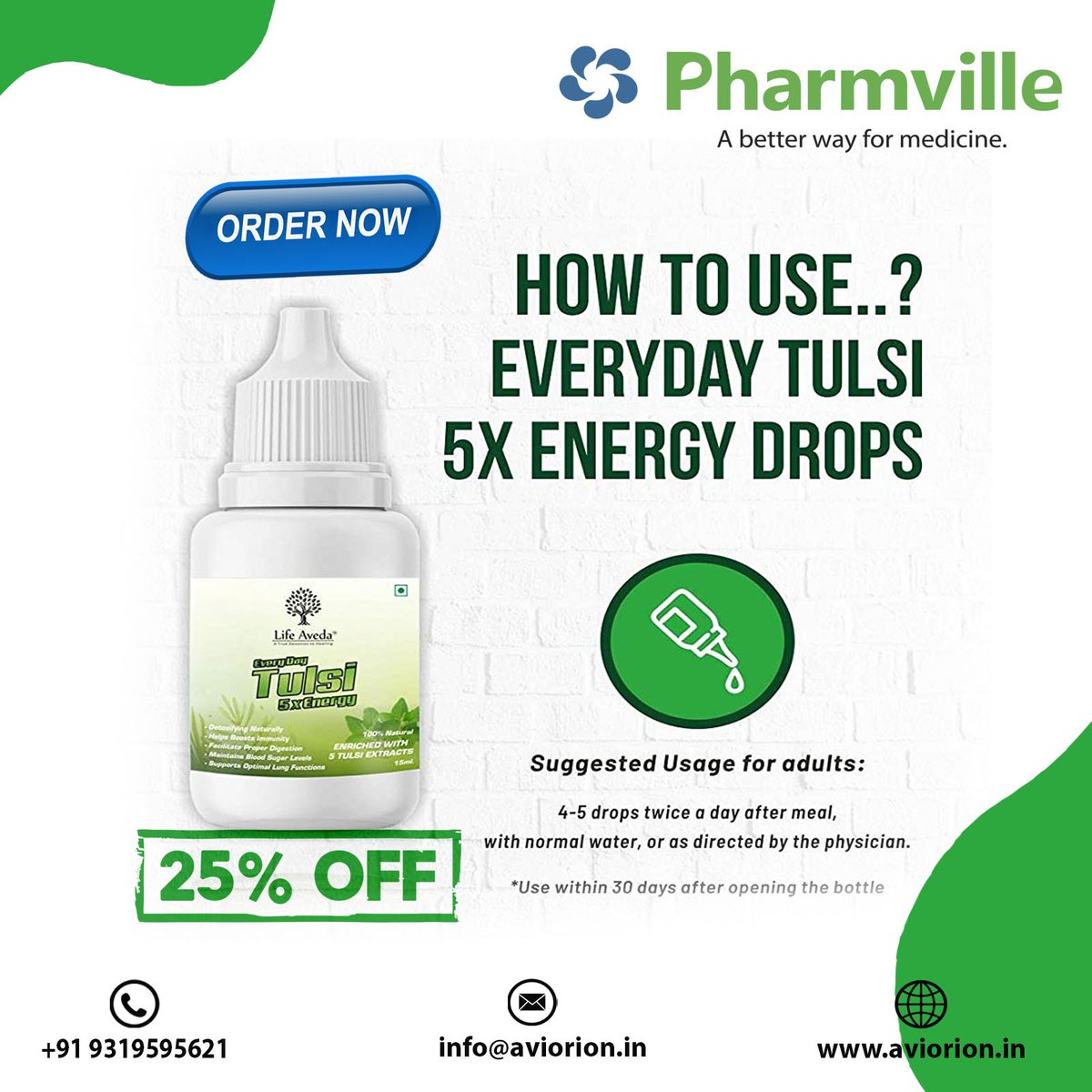 FLAT 25% Discount. Free Home Delivery.
To avail this Offer, Call us or WhatsApp Now at 093195 95621!
Everyday Tulsi 5X Energy Drops. Boost your Immune System with LIFE AVEDA.🍊🍏🍋🌞☀
#aviorion #pharmville #vitaminergize #Vitamins #lifeaveda #avedaayur #nutrition #TulsiDrops