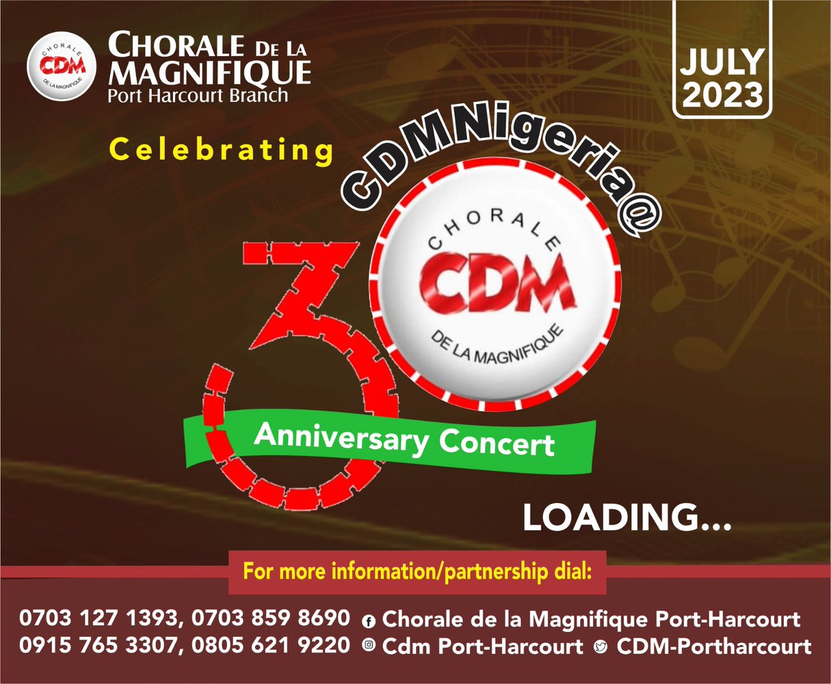 CdmPortharcourt's tweet image. Stay tuned as CDM-PHC kick starts the Anniversary Celebrations in July, 2023.

#cdmnigeriaat30 
#operaportharcourt 

Idan Peter Obi Tiwa Pastor Adeboye Transcorp Adeleke Soyinka Haaland Man City Real Madrid #Messi𓃵  Appeal Court Neymar Amrabat