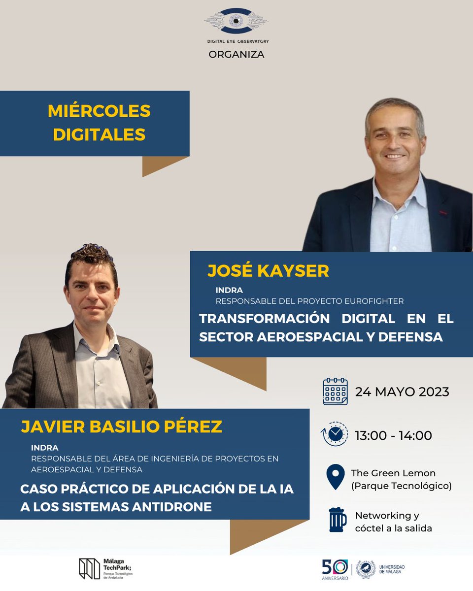 EyeObservatory's tweet photo. 🥁Este miércoles contamos con la participación de dos ponentes dedicados a la ingeniería digital en la industria aeroespacial: José Kayser Villalobos y Javier Basilio Pérez.
👉🏽Suscríbete aquí: https://t.co/L4S1tdCH5J
#Digitaleye #tecnologia #TransformacionDigital https://t.co/YWStdJUiRN