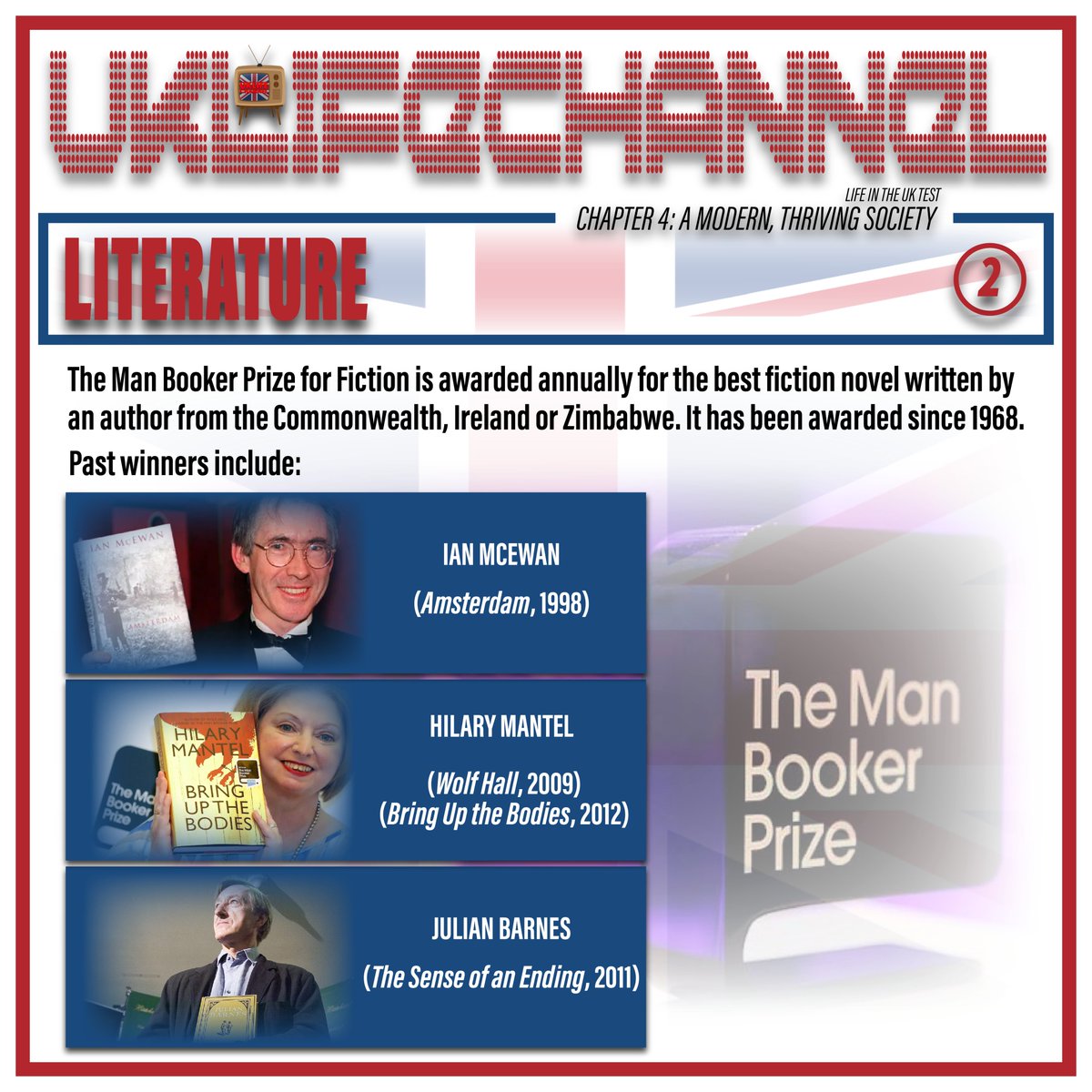 UKLifeChannel1's tweet photo. LIFE IN THE UK TEST
The Man Booker Prize for Fiction

#uklifechannel #lifeintheuktest #unitedkingdom #greatbritain #BritishCitizenship #ukliterature #themanbookerprizeforfiction #ianmcewin #amsterdam #hilarymantel #WolfHall #bringupthebodies #julianbarnes #thesenseofanending https://t.co/9n5bOwOumP