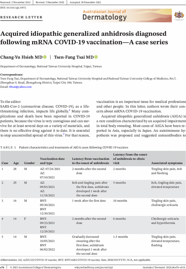 Australasian Journal of Dermatology
Acquired idiopathic generalized anhidrosis diagnosed following #mRNA COVID-19 vaccination
onlinelibrary.wiley.com/doi/10.1111/aj…