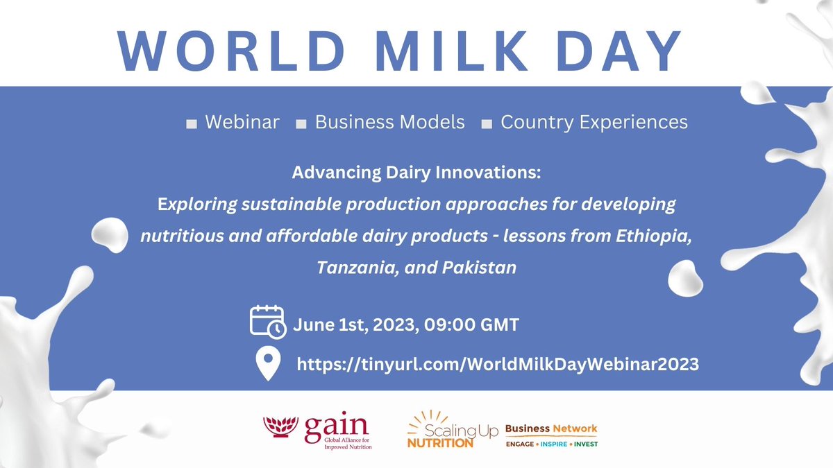 Join us as we celebrate this year’s World Milk Day. <a href="/GAINalliance/">GAIN</a> <a href="/SUNBizNet/">SUN Business Network</a> and <a href="/DanishMFA/">Denmark MFA 🇩🇰</a>  will be hosting a webinar beneficial to businesses in the dairy value chain. Register to participate: tinyurl.com/WorldMilkDayWe…

#worldmilkday #dairy #nutrition