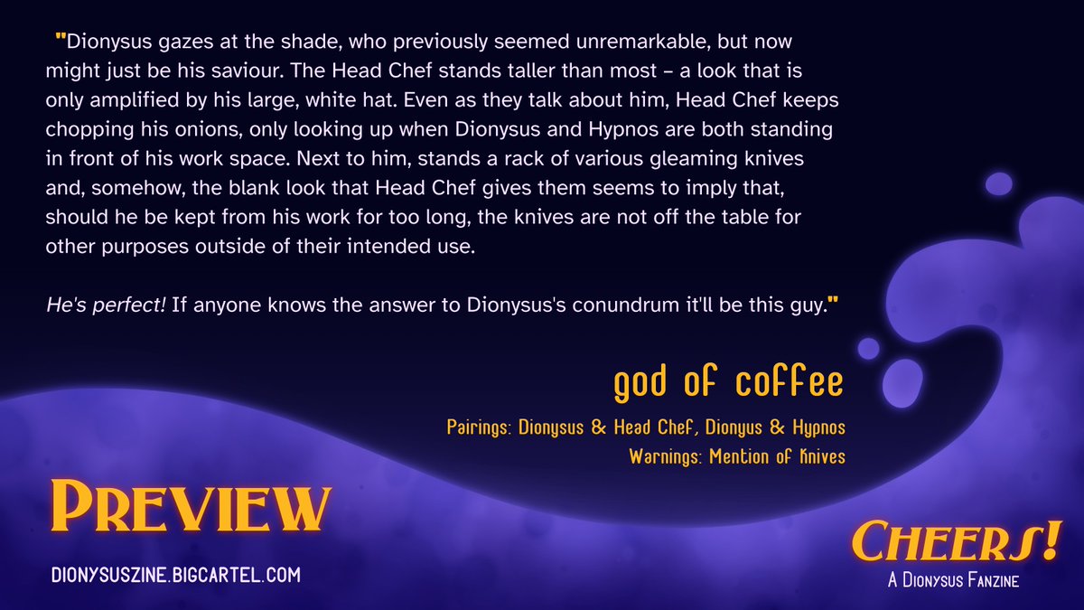 i'm pleased to be able to share the first of two fics that i wote for <a href="/DionysusZine/">Cheers! - A Dionysus Fanzine (Completed!)</a>, who are currently running leftover sales from now until 6th June or until stock runs out. go check them out and get some revelry! 🍇🍷💜

archiveofourown.org/works/47059330