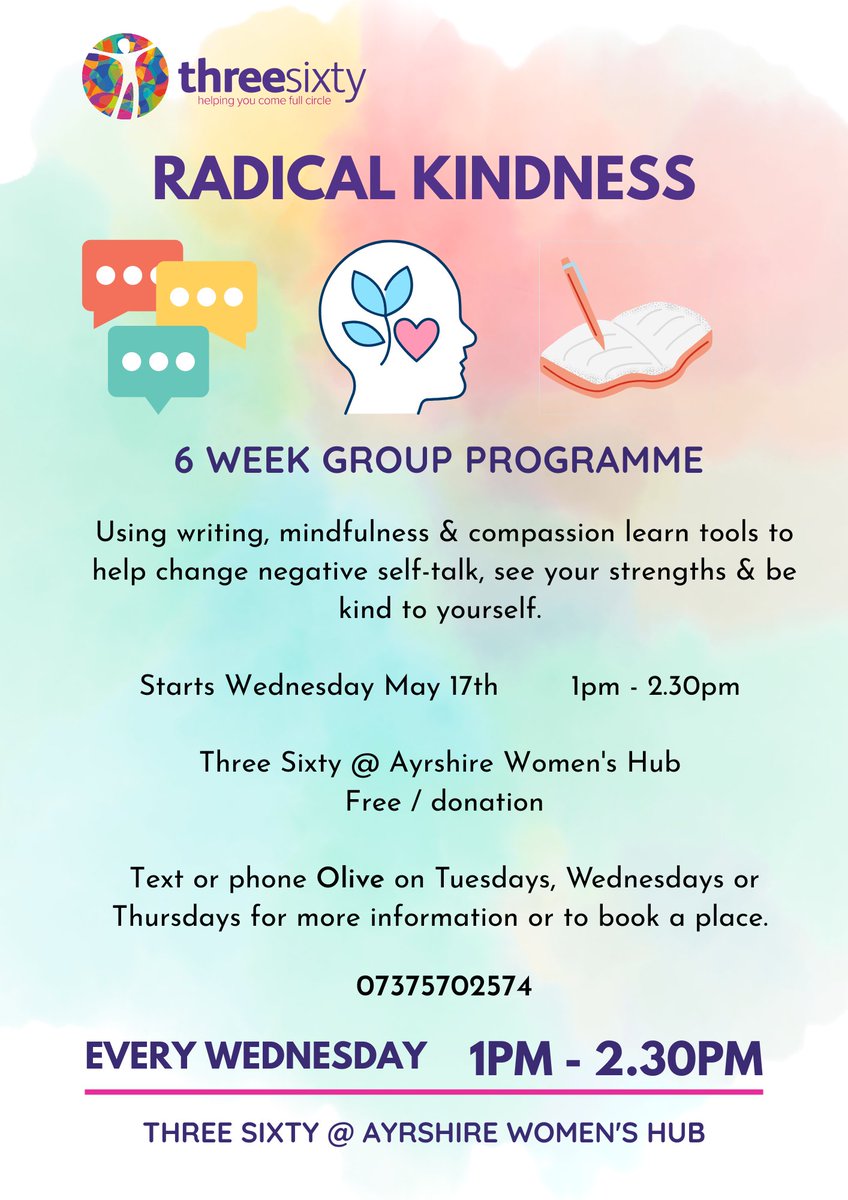 three_sixty_org's tweet photo. Our new Radical Kindness programme starts on may 17th.  A mix of coaching, mindfulness &amp; writing to challenge the negative stories we hold about ourselves so we can build confidence, see our strengths and what we bring to the world.  A few spaces left. Get in touch &amp; pls share 🙌 https://t.co/6Bn3btIH6F