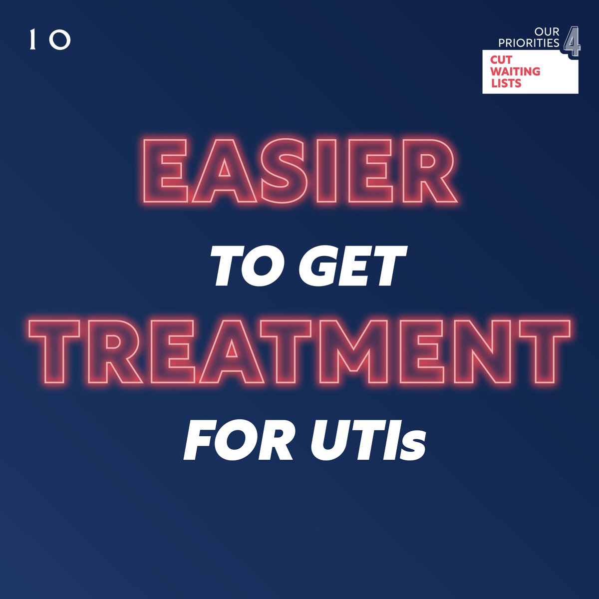 RishiSunak's tweet photo. We’re making it easier to get treatment for UTIs.
Around half of women in the UK will experience a urinary tract infection at some point in their life.
This is another common condition that pharmacies will be able to prescribe medication for, without a GP appointment. https://t.co/RMK0wraR6F