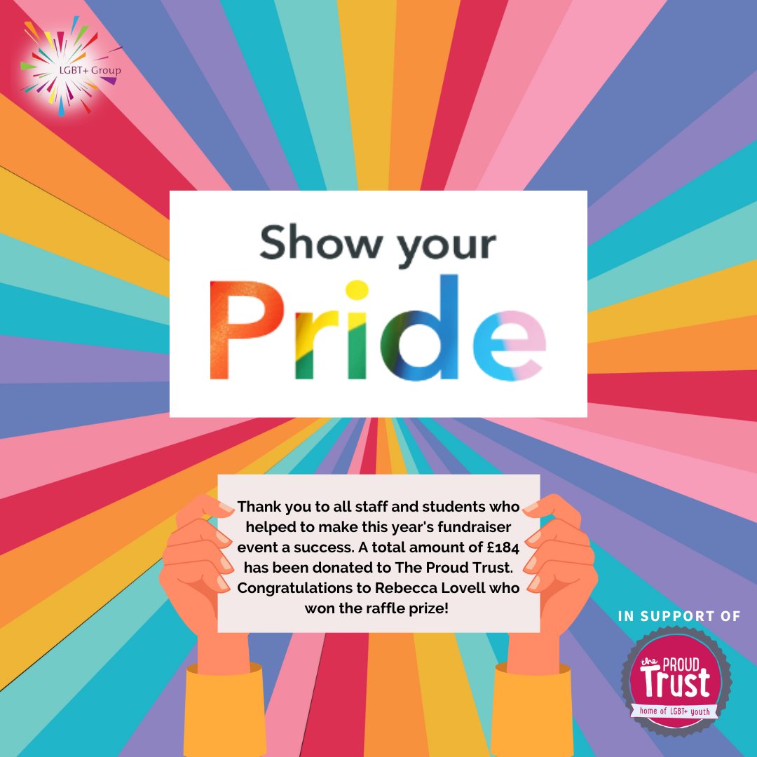 Thank you to all staff and students who helped to make this year's fundraiser event a success. A total amount of £184 has been donated to The Proud Trust.  Congratulations to Rebecca Lovell who won the raffle prize!