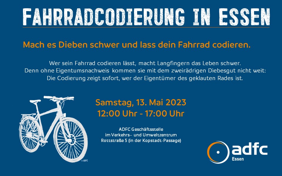 Fahrrad noch nicht codiert und Samstag mit dem Rad in die City zu #EssenOriginal?
Von 12 - 17 Uhr könnt ihr Eure Fahrräder beim <a href="/ADFCEssen/">ADFC Essen</a> (Rottstr. 5) codieren lassen. (Nur  Samstag!) Alle Info's, Terminbuchung, Codierformular, ... unter fahrradcodierung-essen.de
#Fahrradcodierung