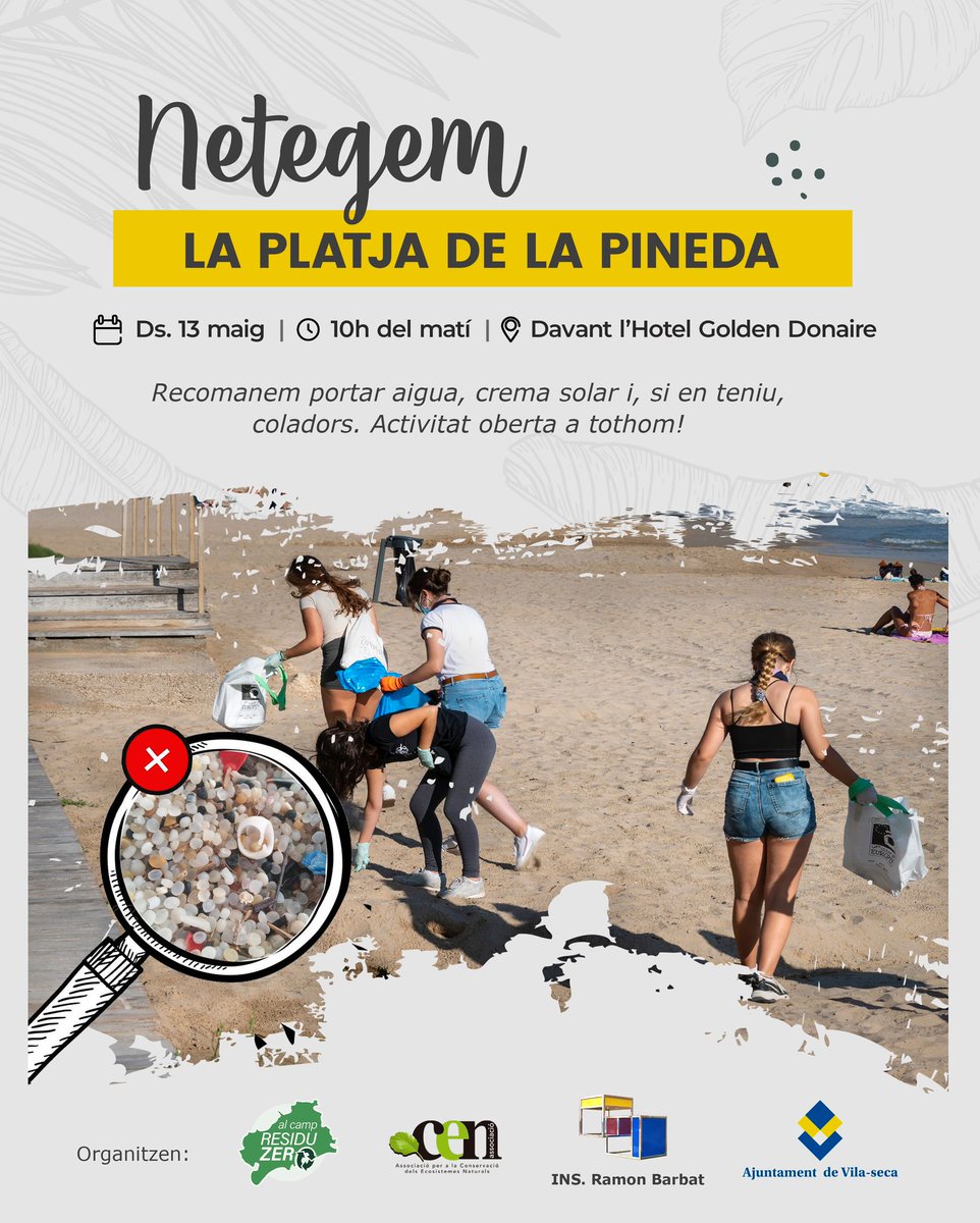 Nova data per la recollida de #microplàstics a la platja de la Pineda organitzada juntament amb <a href="/assocCEN/">CEN</a> <a href="/AjVilaseca/">Ajuntament de Vila-seca</a> i <a href="/insbarbat/">ins ramon barbat</a> ♻️
Us deixem els detalls a continuació:

 📅Dissabte 13 de maig
 🕙10h del matí
 📍Davant Hotel Golden Donaire

Us animeu?