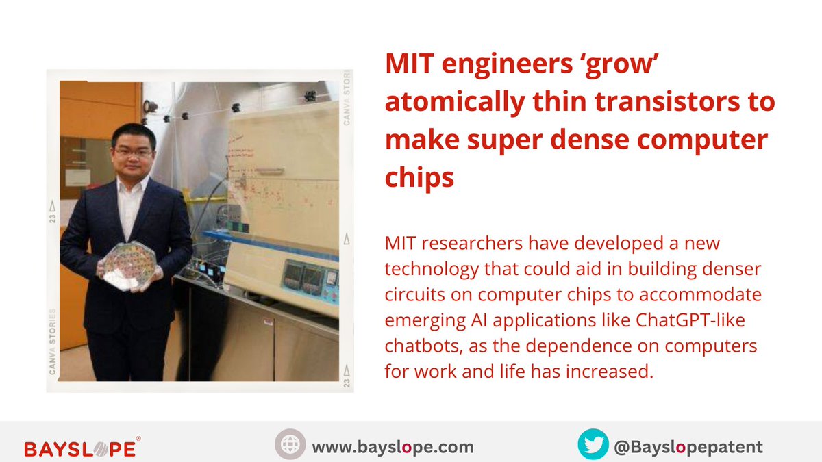 Bayslopepatent's tweet photo. #MIT engineers #develop new #tech that will help build more denser #circuits on computer chips.
#chips #computerscience #Massachusetts #techno #2Dtransistors #Siliconwafers #technology #TechNews #techtwitter #TechTrends #innovations #TechnologyNews #technologies #development https://t.co/FD0C4WCIDH