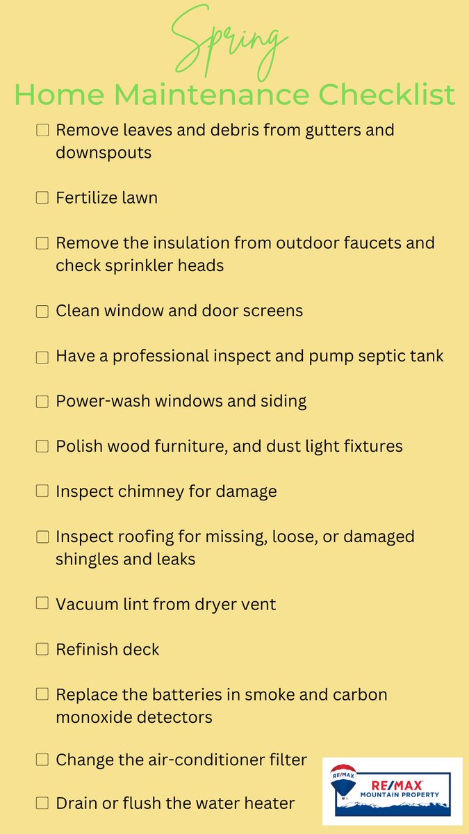 REMAXMountainP1's tweet image. I'm hoping this might be helpful regardless of where in the country you are located!

#spring #springchecklist #springcleaning #homemaintenance #montana #remax #remaxmountainproperty #billmercerteam