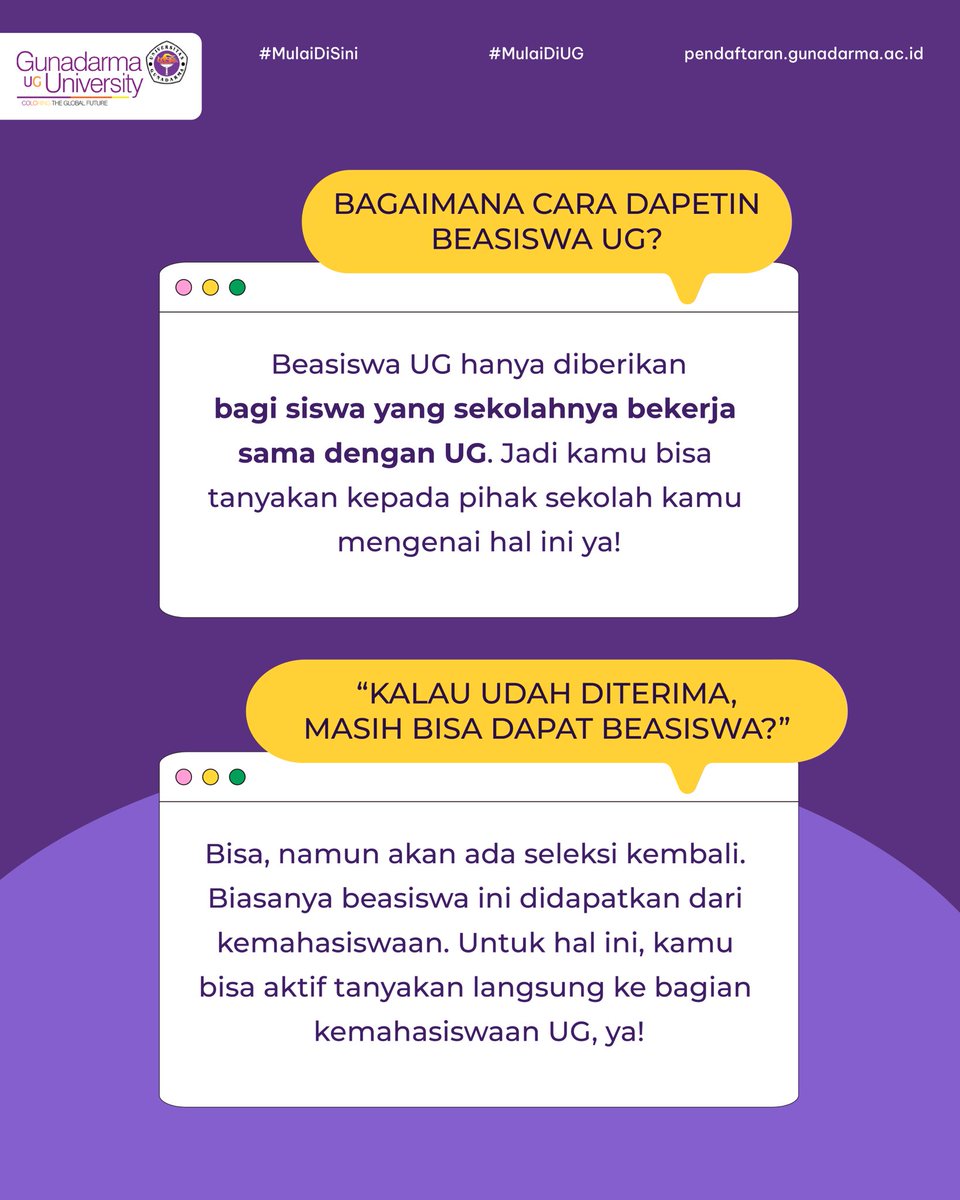mulaidiUG's tweet photo. Bertanya-tanya soal beasiswa di UG? Ini ada beberapa jawaban yang mungkin kamu butuhin.

Ada pertanyaan lain? Tulis di reply ya nanti mimin bantu jawab! 🤗

#MulaiCeritamu #PMBGunadarma #UG #UniversitasGunadarma https://t.co/xFjwUm18ut