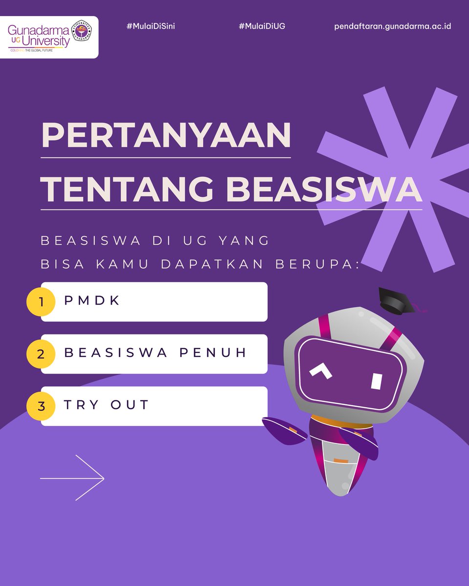 mulaidiUG's tweet photo. Bertanya-tanya soal beasiswa di UG? Ini ada beberapa jawaban yang mungkin kamu butuhin.

Ada pertanyaan lain? Tulis di reply ya nanti mimin bantu jawab! 🤗

#MulaiCeritamu #PMBGunadarma #UG #UniversitasGunadarma https://t.co/xFjwUm18ut