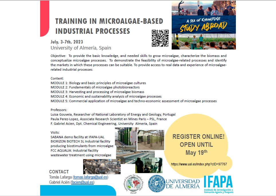 studyabroadual's tweet photo. Are you thinking of enrolling in one of our courses? #StudyAbroadUAL #SummerCourses
You may be interested in this TRAINING IN MICROALGAE-BASED INDUSTRIAL PROCESSES. Online registration is open until May 19th here: https://t.co/MX4XnxUgnl https://t.co/YKNuI8YQyJ
