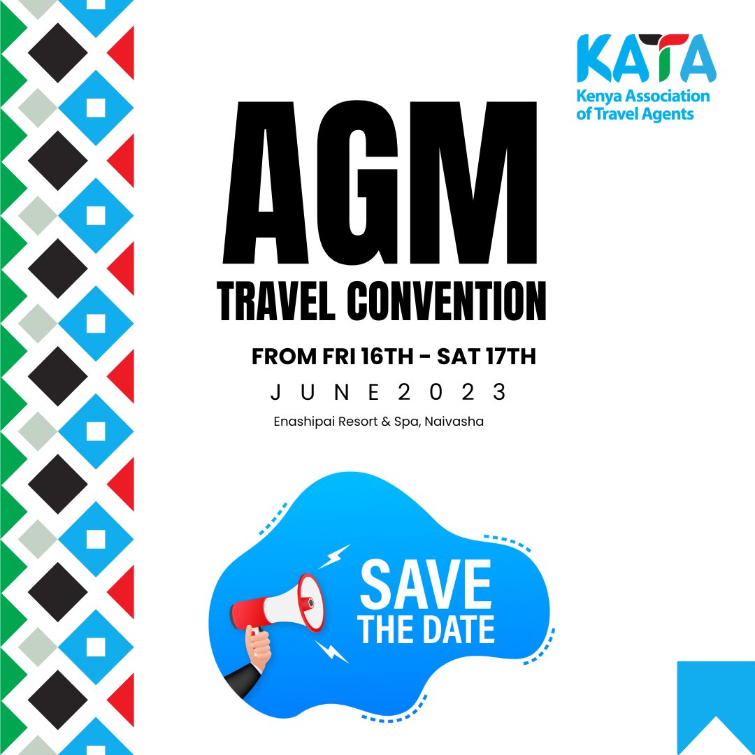 KATAKenya's tweet photo. Join us for the #KATA Travel Convention and Annual General Meeting on June 16th and 17th at Enashipai Resort and Spa Naivasha. This year's theme is "New Normal. New Thinking. New Rules," and we'll be discussing strategies for building a strong and resilient travel industry in Kenya. Don't miss out on this premier business event for travel industry leaders! #KATAConvention2023 
#KATA2023AGM
#NewNormalNewThinkingNewRules #BuildingResilientTravelSector
#KenyaTravelLeaders
