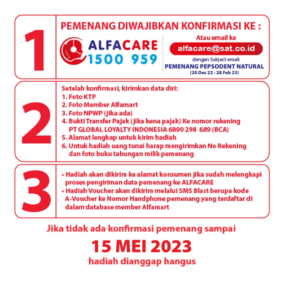alfamart's tweet image. CONGRATULATION!!⁣⁣⁣⁣⁣⁣⁣⁣
Kepada para pemenang beruntung  dalam program #Alfastar x #Pepsodent Periode 20 Desember 2022 - 28 Februari 2023⁣
⁣
Jangan lupa lakukan konfirmasi melalui ALFACARE di 1500 - 959 atau alfacare@sat.co.id maksimal 15 Mei 2023⁣⁣
.⁣⁣⁣⁣
