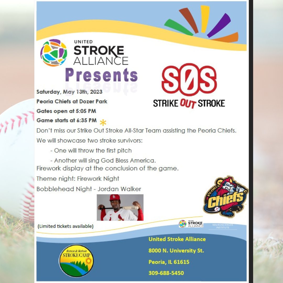 StrokeAlliance's tweet photo. This Saturday is the Strike Out Stroke Event with the @peoriachiefs! Purchase your tickets for the event here: https://t.co/2OtHkqJErq. 

We are looking forward to educating fans and extending our mission! https://t.co/OemwB9W8jj