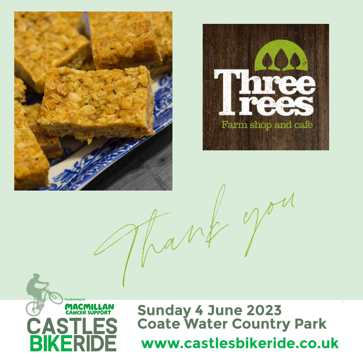 castlesbikeride's tweet photo. Many thanks to Three Trees Farm Shop &amp; Cafe for the provision of flapjacks and shortbread on the day of our event!
We are torn between the ride and the refreshments as to what we are most looking forward to!
#macmillancancersupport #castlesbikeride #flapjacks #threetrees https://t.co/rj0W1Qn5hY