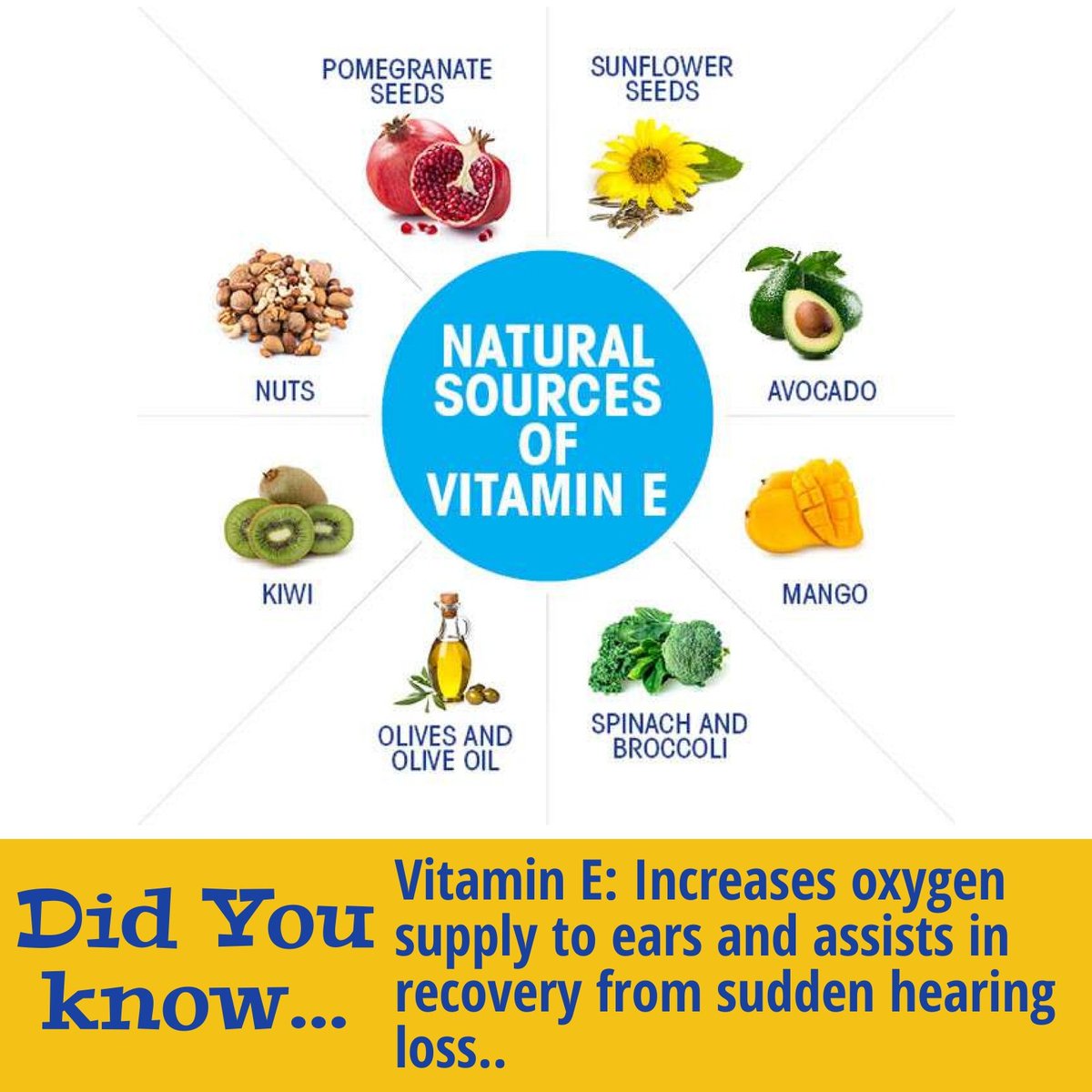 Vitamin E:  increases oxygen supply to the ears and assists in recovery from sudden hearing loss.

Keep your ears happy and healthy with a daily dose of this essential nutrient!
