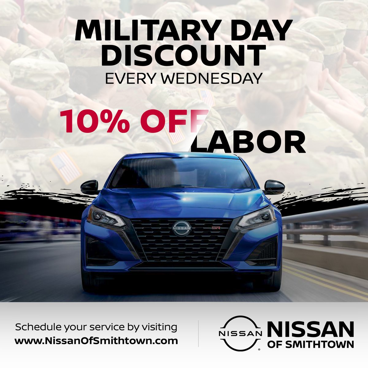 NissanLI's tweet photo. 🎖️🇺🇸 Military Day Discount every Wednesday in May at Nissan of Smithtown! 🚘🔧 Take 10% off labor when you service your vehicle with us. 💰👍 Thank you for your service!

🔧 SCHEDULE YOUR SERVICE
🌐 https://t.co/g1X6m5VSp2 https://t.co/CCqSE6eIeq