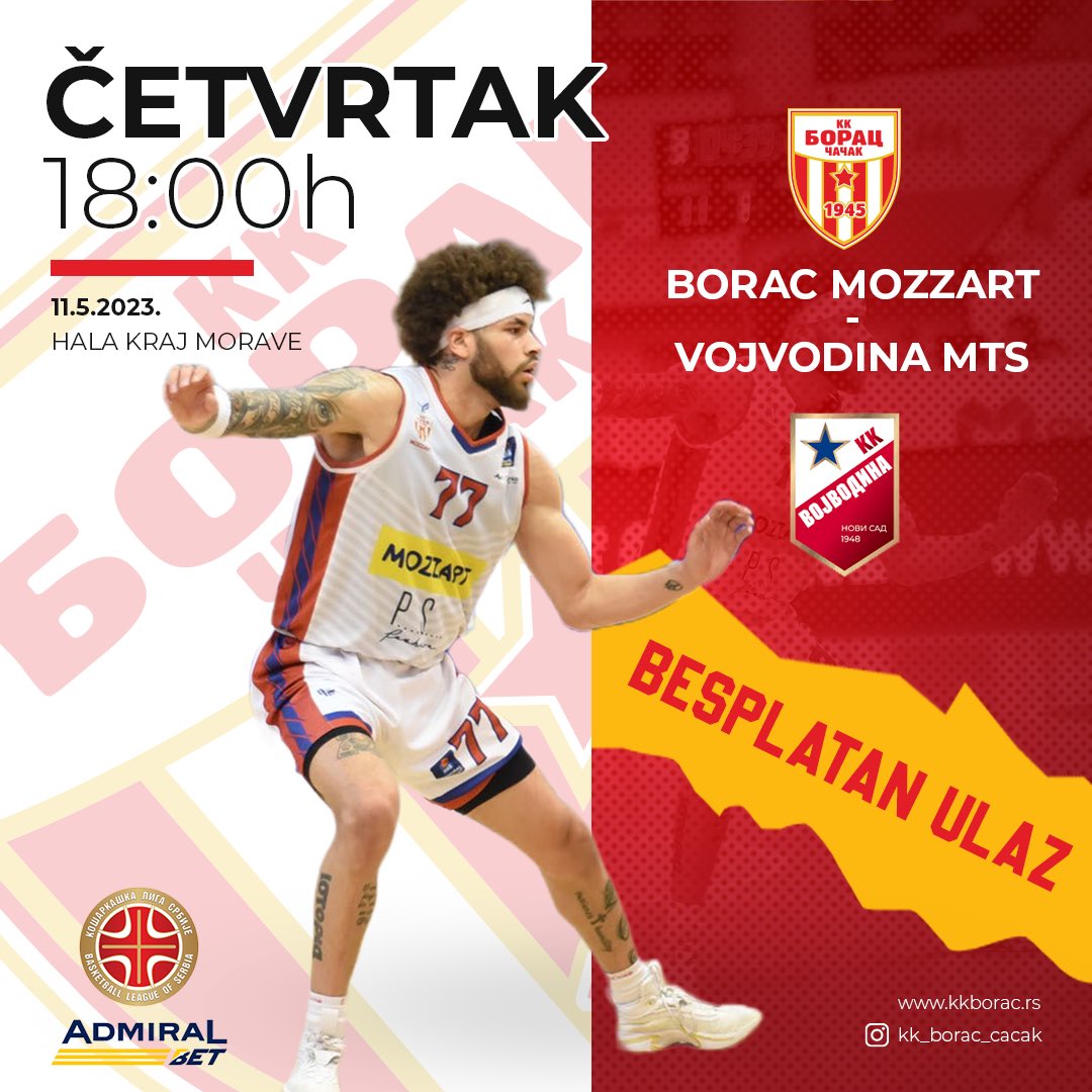 Naša ekipa u četvrtak počinje takmičenje u AdmiralBet Superligi <a href="/KLSrbije/">Meridianbet Košarkaška liga SRB</a> . Prvi protivnik je ekipa KK Vojvodina MTS . Meč je na programu od 18h u hali kraj Morave, a ulaz će biti besplatan. Svi smo mi Borac! #kkboraccacak #kkborac #boraccacak