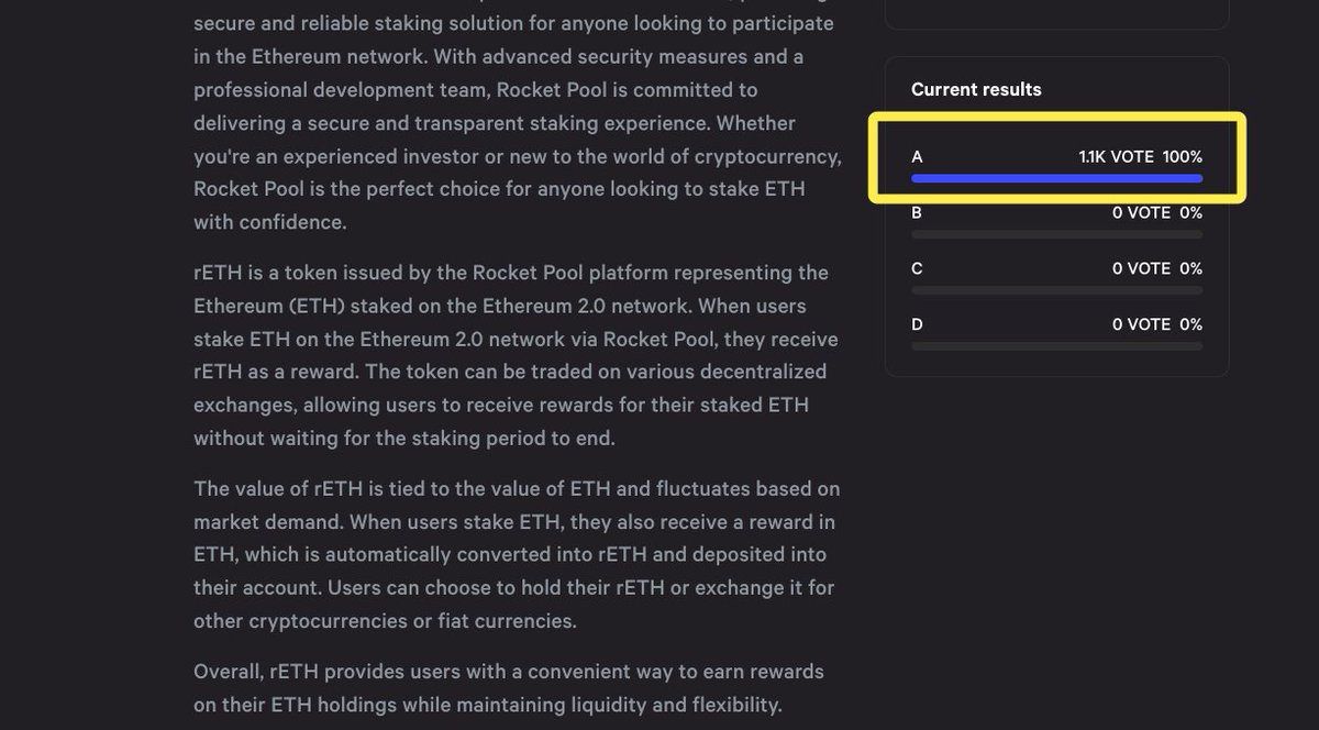 Vote result for rETH mining pool emission,
A. Take a proportional share of 1,000,000 veOcto/DAY from the emissions of the existing three pools and add them to the rETH pool.

#LSDFi #Defi #APY