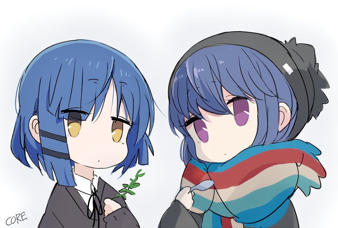 shima rin multiple girls 2girls blue hair scarf multicolored scarf hat mole under eye  illustration images
