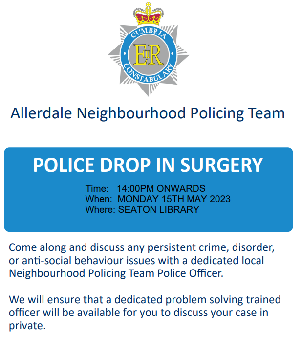 Allerdalepolice's tweet photo. PCSO 5421 King from Allerdale Neighbourhood Policing Team (NPT) will be attending a drop in session at Seaton Library from 14:00pm on Monday 15th May 2023. All are welcome to attend and discuss any community concerns. #CommunityEngagement #AllerdaleNPT #LocalPCSO https://t.co/cJnnRSZv1h