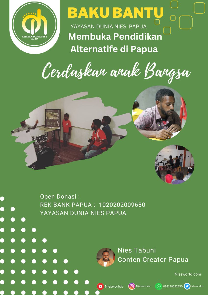 Tabuni7's tweet photo. Baku bantu sahabat Nies worlds Foundation membuka pendidikan alternatif di Tanah Papua 
Jayapura,Wamena, Deiya,Nabire &amp; Timika
Nies World Academy  
Bantuan semua bapa ibu sudara  kawan-kawan sangat berguna buat kami Untuk memajukan generasi anak bangsa Indonesia di Tanah Papua. https://t.co/uvQ3x9jKNh