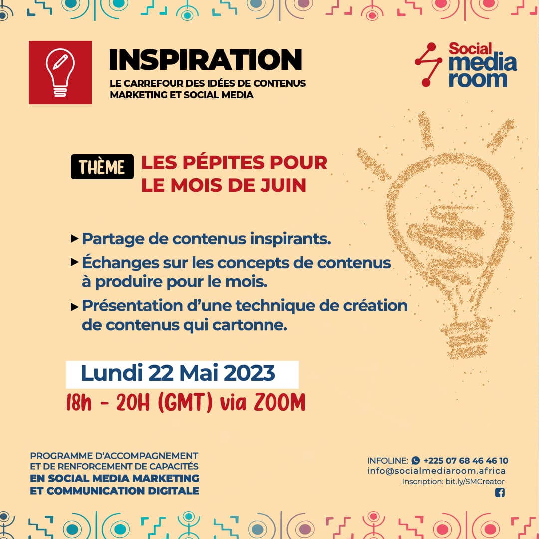 SMR_Africa's tweet photo. Rejoignez notre atelier créatif "Inspiration" et réinventez votre marketing sur les réseaux sociaux ! https://t.co/08eerecUQV