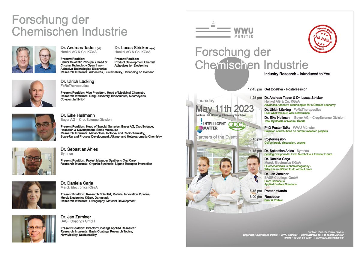 FoChIn - Research of the Chemical Industry Symposium, 11th edition since 2012!🧪⚗️👩‍🔬

Connecting 🤝Academia &amp; Industry🤝: Speakers from 6 different companies introduce their research, while 62 posters from @WWU_Muenster will be presented. 😀
Taking place on Thu!
<a href="/chemieverband/">VCI</a>