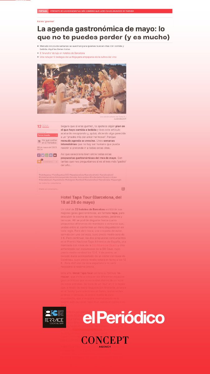 Del 18 al 28 de mayo inicia el recorrido gastronómico de @hoteltapatour donde <a href="/RoyalHotelsBCN/">Royal Hotels BCN</a> participa con dos propuestas que podrás descubrir en la #833terracebar 

<a href="/MesQHotels/">MésQHotels</a> <a href="/elperiodico/">El Periódico</a> <a href="/Cerodosbe/">tendenciashoy.com</a>